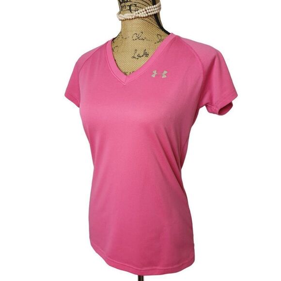 Under Armour Women's UA V-neck Teck Tee Pink Semi Fit Heatgear XS NWOT - Picture 2 of 7